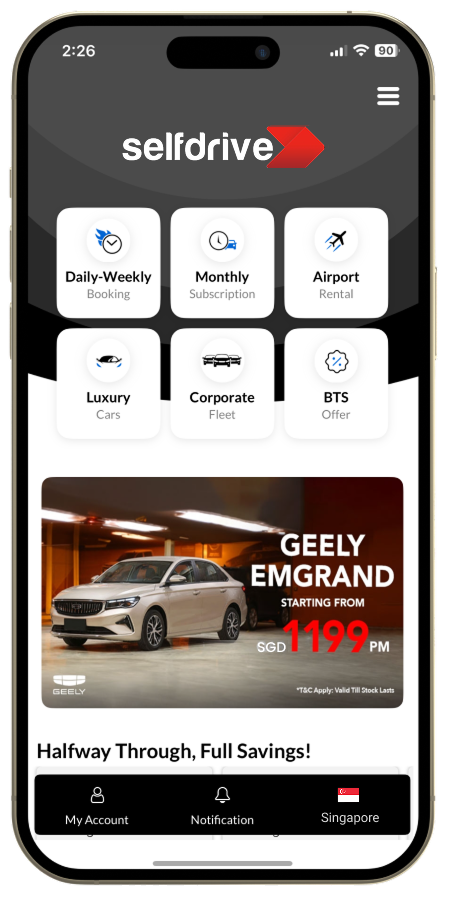 A cell phone showing a SelfDrive car rental application with offers and booking options